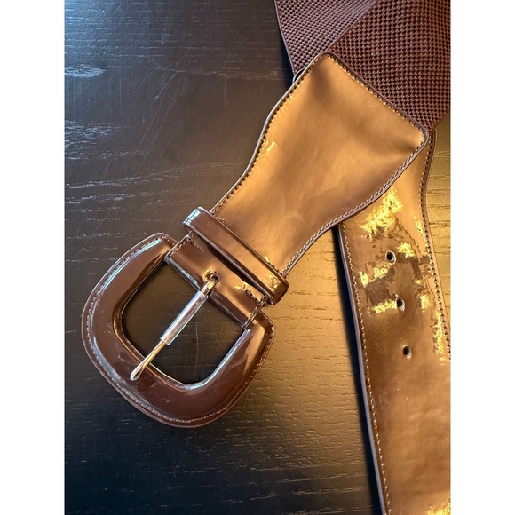 Lauren Ralph Lauren Women's Chocolate Elastic Knit Belt Wide Glossy Buckle Large - Picture 2 of 5